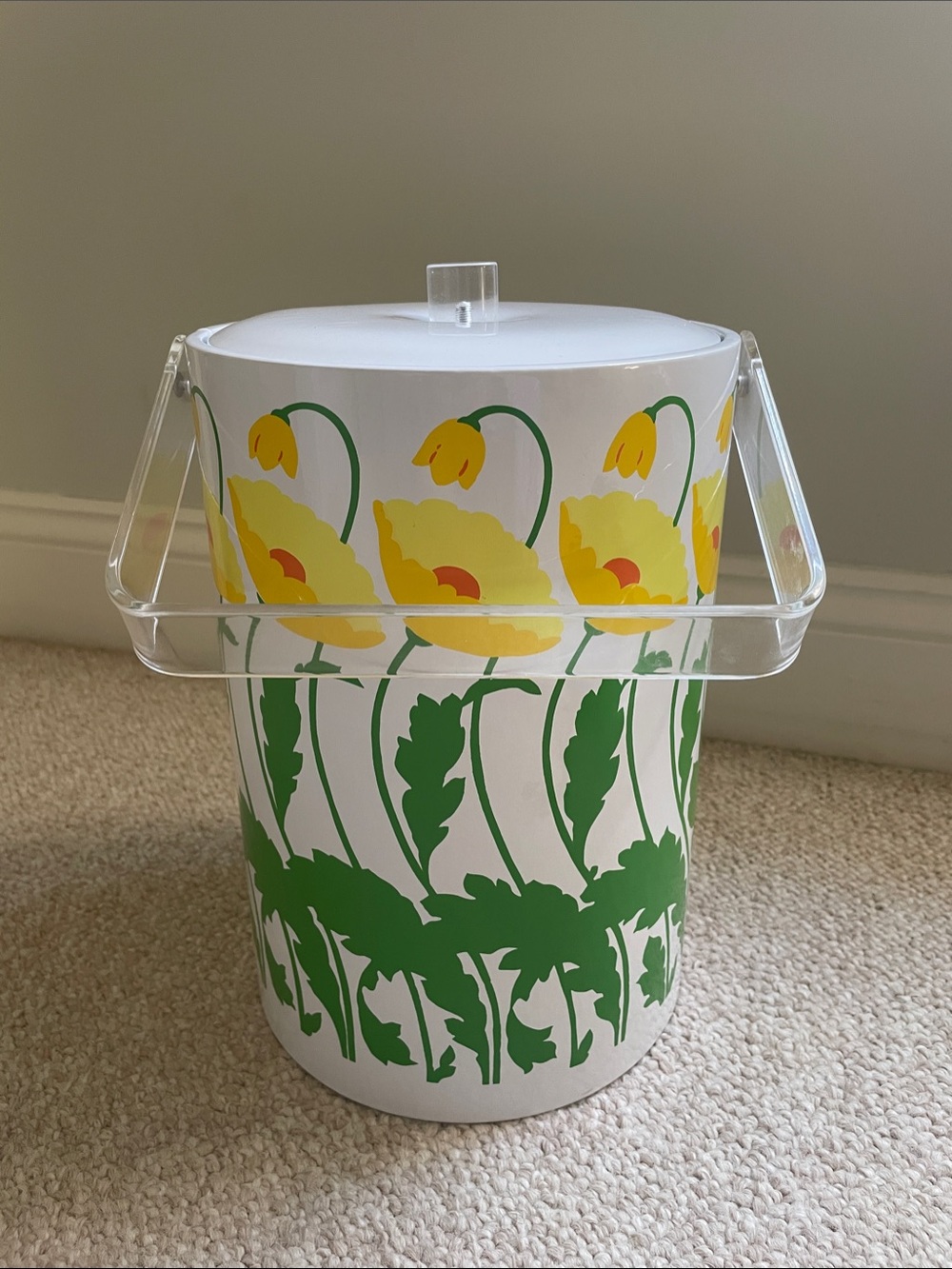 Vintage 1970s St. Tropez Audrey Pattern Ice Bucket with Clear Lucite Handle
